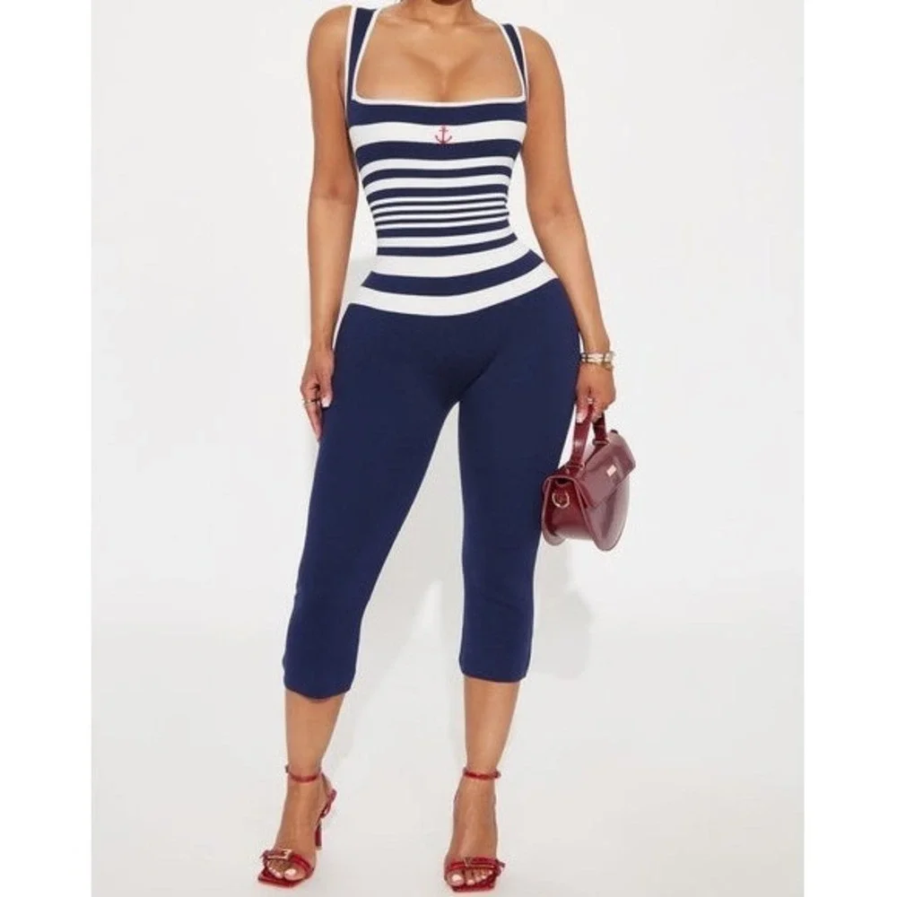Fashion Nova Below Deck Capri Jumpsuit Navy Combo Striped Knit Size Small NWT